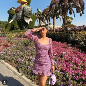 Zara Purple Floral Printed Ruched Mini Dress